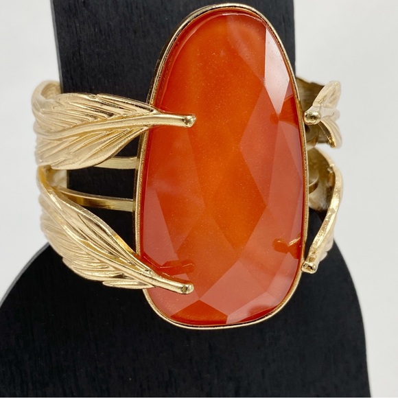 Vintage Gold Leaf Clamper Cuff Bracelet Orange Sparkle Stone - Picture 2 of 7